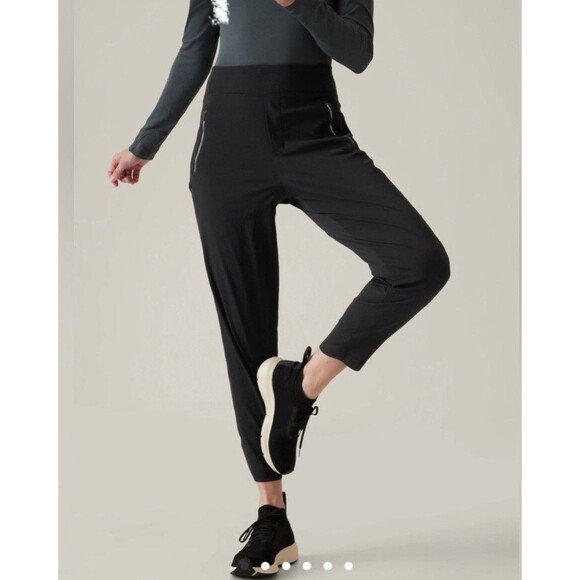 Athleta Trekkie North High Rise Jogger Pants Womens 10 Black Pull On Zip Pockets - Picture 1 of 11